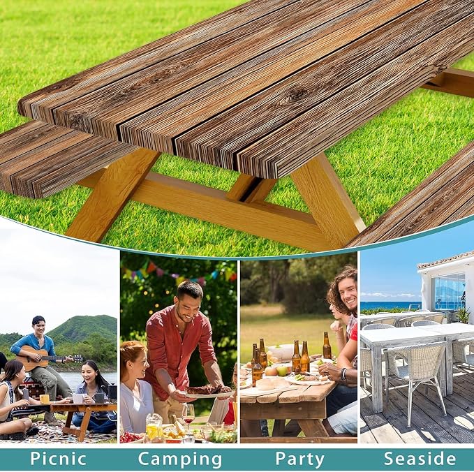 Farmhouse Picnic Table Cover with Bench Covers Camping Essentials Brown Wood Grain Waterproof Windproof Camping Tablecloth Fitted Tablecloth Cover with Elastic Edge for Indoor Outdoor 3 PCS 30x60 Inch