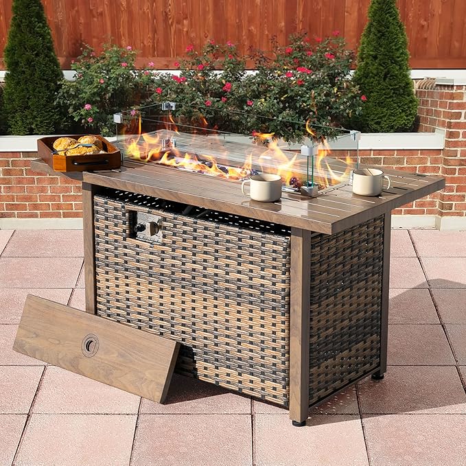 Nuu Garden 43 Inch Propane Fire Pit Table CSA Listed 50000 BTU Gas Fire Pit with Lid Glass Wind Guard Fire Glass Beads 2 in 1 Rectangular Outdoor Fire Table for Backyard Patio Brown