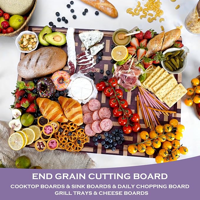 YOUSUNLONG Extra Large Cutting Board End Grain Purple Heart Wood - Thickened-Heavy Duty Butcher Block 24"L x 18"W x 1.5"Th w/Juice Groove and Handle - Serving Tray for Meat & Cheese,Brisket Board