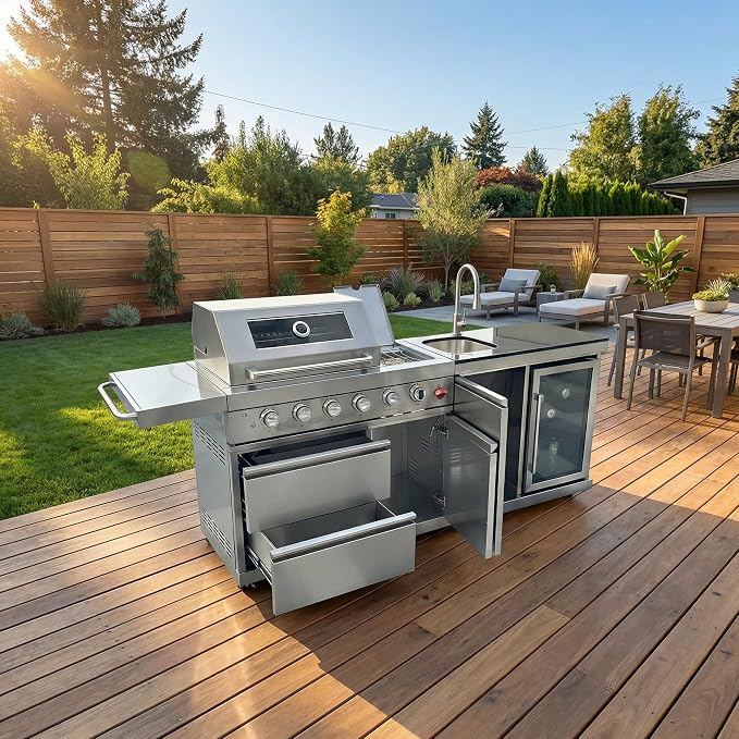 84" Outdoor Kitchen Island with 5-Burner 75,300 BTU Gas Grill,Rotisserie Oven,Mini Wine Fridge,Side Burner,Sink & Side Shelf.Included Natural Gas Converter,Movable BBQ Island for Patio & Backyard.