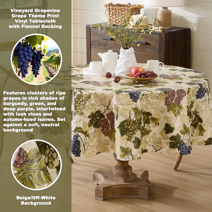Newbridge 70 Inch Round Vinyl Tablecloth with Flannel Backing, Grapevine Print, Grape Theme Indoor Outdoor Waterproof Table Cover, Picnic, Barbeque, Patio and Kitchen Dining