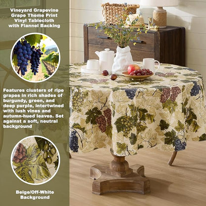 Newbridge 70 Inch Round Vinyl Tablecloth with Flannel Backing, Grapevine Print, Grape Theme Indoor Outdoor Waterproof Table Cover, Picnic, Barbeque, Patio and Kitchen Dining