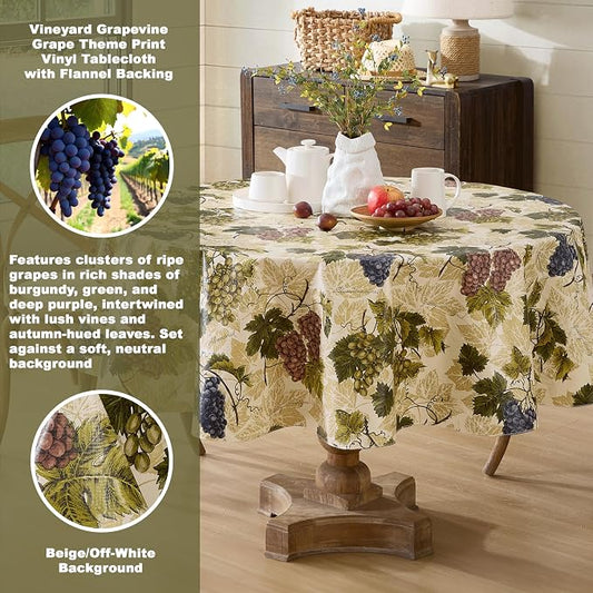 Newbridge 70 Inch Round Vinyl Tablecloth with Flannel Backing, Grapevine Print, Grape Theme Indoor Outdoor Waterproof Table Cover, Picnic, Barbeque, Patio and Kitchen Dining