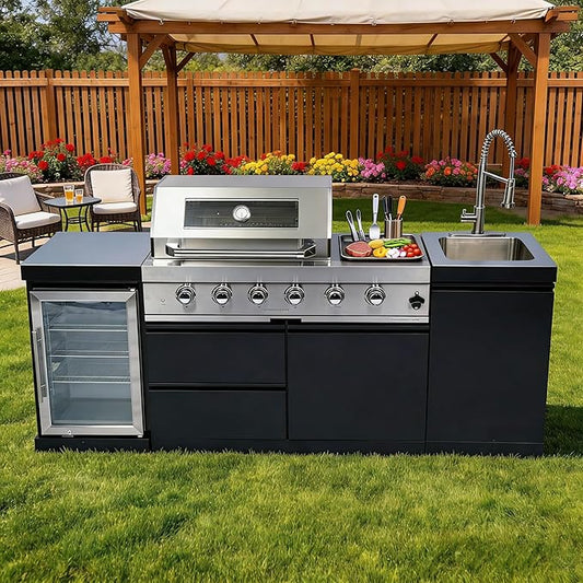 85-Inch 4-Burner Propane Gas Outdoor Kitchen Grill Island - 72000 BTU Stainless Steel BBQ, Refrigerator, Rotisserie, Stainless Countertops, Soft-Close Storage, For Patio, Lawn, Backyard, Black