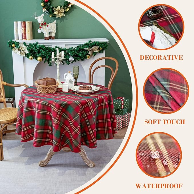 Plaid Tablecloth for Christmas, Checkered Style Table Cloth Holiday Family Gathering Rectangle Table Cover - Spillproof & Waterproof - Ideal for Indoor & Outdoor Use, Round 60"