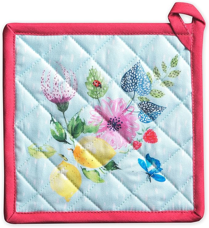 Maison d' Hermine Pot Holders 100% Cotton Heat Resistant Potholders 8" x 8" Hot Pads with Loop BBQ Baking Hotel Farmhouse Kitchen Handling Hot Pans Spring Summer (Pack of 1, Jardin D'Ete - Mint)