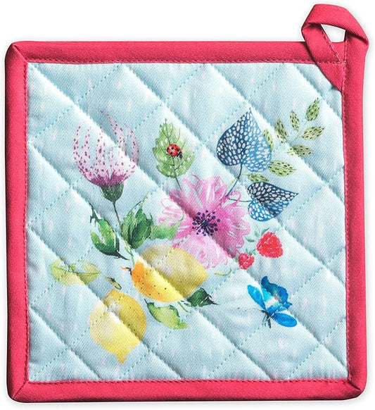 Maison d' Hermine Pot Holders 100% Cotton Heat Resistant Potholders 8" x 8" Hot Pads with Loop BBQ Baking Hotel Farmhouse Kitchen Handling Hot Pans Spring Summer (Pack of 1, Jardin D'Ete - Mint)