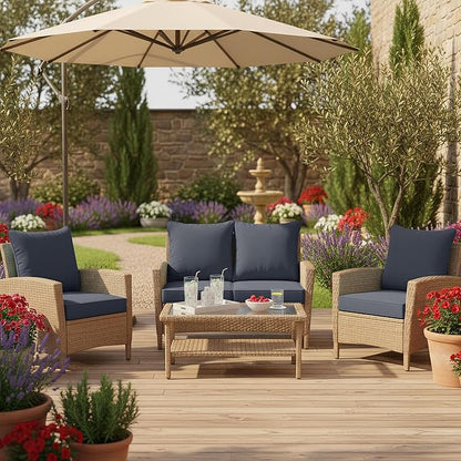 Summsun Outdoor Cushions for Patio Furniture, 22 x 22 in, Dark Grey, 4 Sets | Double-Sided Water Resistant, Removable Cover, Back Pillow & Seat Cushion, Tie Straps, Fit for Patio, Garden, Sofa Couch