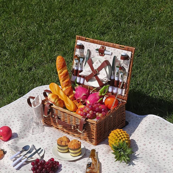 Wicker Picnic Basket Set for 4, Blanket, Cooler Bag, Classic Floral | Four-Person Wicker Set Includes Tableware, Insulated Food Storage and Waterproof Blanket for Parks, Camping, Dates and Gifts