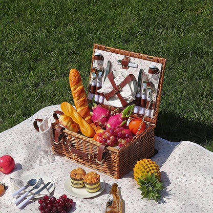 Wicker Picnic Basket Set for 4, Blanket, Cooler Bag, Classic Floral | Four-Person Wicker Set Includes Tableware, Insulated Food Storage and Waterproof Blanket for Parks, Camping, Dates and Gifts