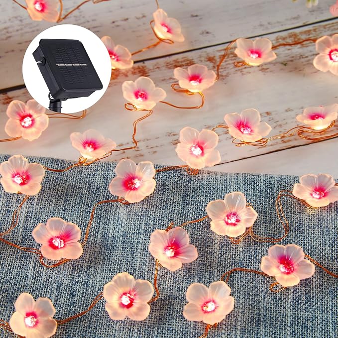 Garden Décor Solar Outdoor Flower Lights Cherry Blossom Solar Décor Garden Fairy Lights Sakura Flower Patio Lights Yard Décor 14ft 40LEDs Solar Pathway Floral Garland Fence Window Decoration