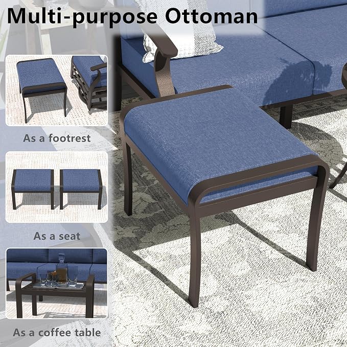 ALAULM Aluminum Patio Furniture Set with Swivel Chairs 7-seat Metal Outdoor Furniture Patio Sectional Sofas w/2 Ottomans for Porch, Backyard, Poolside-Dark Blue