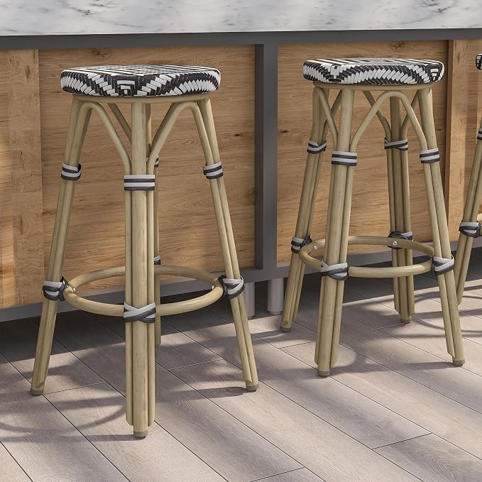 Seadrift Boho 26-inch Aluminum and All-Weather Wicker Barstools with Footrest, Patio Stools & Bar Chairs for Outdoor, Kitchen Counter, Poolside, Yard, Set of 2, Dark Brown and Beige