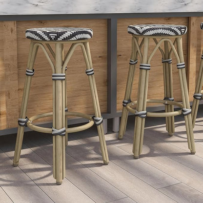 Seadrift Boho 26-inch Aluminum and All-Weather Wicker Barstools with Footrest, Patio Stools & Bar Chairs for Outdoor, Kitchen Counter, Poolside, Yard, Set of 2, Dark Brown and Beige