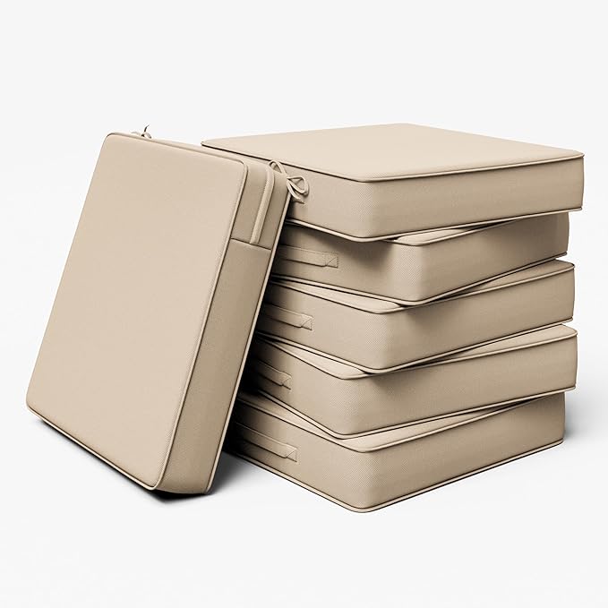 Outdoor Chair Cushion 24 x 24 x 5 Inches Patio Furniture Outdoor Waterproof Seat Cushion, Patio Chair Cushion with Handles and Ties, Square Dining Chair Cushion Set of 6, Sand