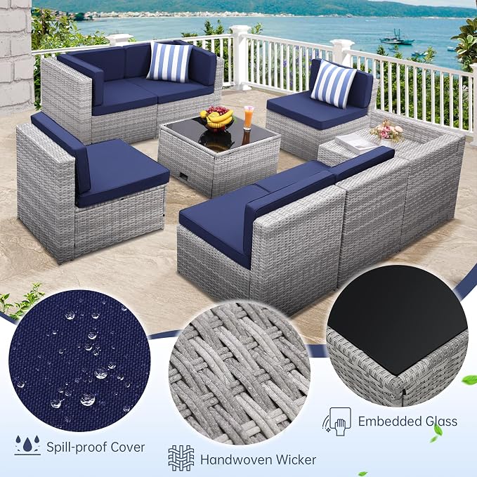 KROFEM 8-Piece Patio Furniture Set, Outdoor Wicker Rattan Sectional with Thick Cushions, Glass Top Table with Hidden Storage, Outdoor Conversation Set for Backyard, Porch, Patio, Blue