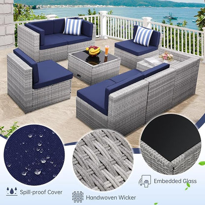 KROFEM 8-Piece Patio Furniture Set, Outdoor Wicker Rattan Sectional with Thick Cushions, Glass Top Table with Hidden Storage, Outdoor Conversation Set for Backyard, Porch, Patio, Blue