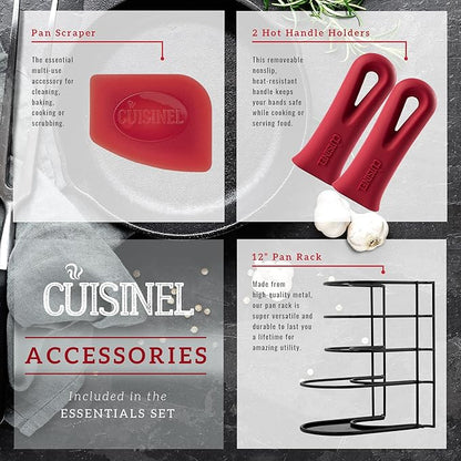 Cuisinel Cast Iron Cookware Set - 6-Pieces Pre-Seasoned Kit: 10"+12" Skillet + Glass Lids + Pizza Pan + Pan Rack Organizer + Silicone Handle Covers + Scraper/Cleaner - Grill, Camping, Indoor/Outdoor