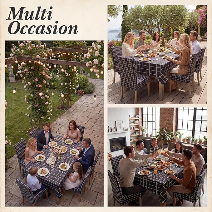 7 Pcs Black Grid Tablecloth and Chair Covers Set 60 x 84 Inch Waterproof Stain Resistant Rectangular Table Cover with Stretchable Removable Chair Slipcovers for Dining Room Patio Summer Party