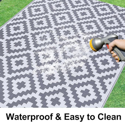 Smiry Outdoor Rug 9x12 ft Waterproof Reversible Boho Mat, White & Grey | Polypropylene Plastic Straw, Quick Drying, Lightweight Foldable, for Patio, Deck, RV Camping, Backyard and Indoor Outdoor Use