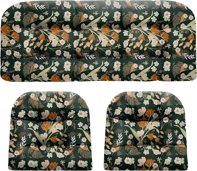 DANGHOOGY Wicker Chair Cushions, Waterproof Outdoor Loveseat Cushions for Patio Furniture, Tufted Wicker Furniture Cushions, 1 Loveseat and 2 U-Shaped Cushions (Black Floral)