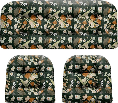 DANGHOOGY Wicker Chair Cushions, Waterproof Outdoor Loveseat Cushions for Patio Furniture, Tufted Wicker Furniture Cushions, 1 Loveseat and 2 U-Shaped Cushions (Black Floral)