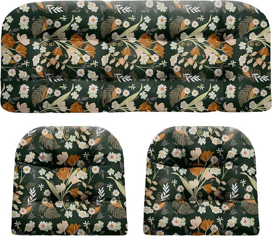 DANGHOOGY Wicker Chair Cushions, Waterproof Outdoor Loveseat Cushions for Patio Furniture, Tufted Wicker Furniture Cushions, 1 Loveseat and 2 U-Shaped Cushions (Black Floral)