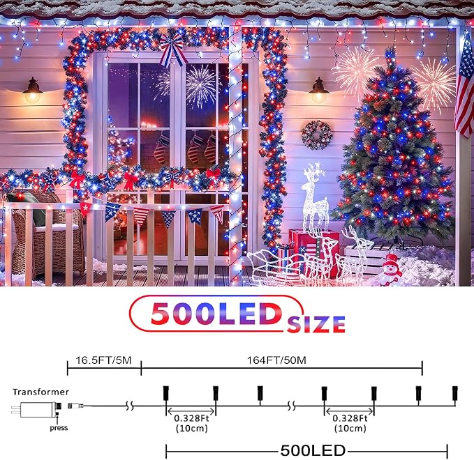 kemooie 4th of July Patriotic Decoration, 500 LED Red White and Blue Lights with 8 Modes, Outdoor Waterproof String Lights for Fourth of July, Memorial Day, Independence Day Decor