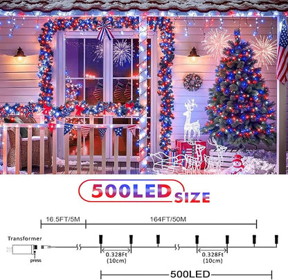 kemooie 4th of July Patriotic Decoration, 500 LED Red White and Blue Lights with 8 Modes, Outdoor Waterproof String Lights for Fourth of July, Memorial Day, Independence Day Decor