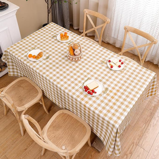 Heavy Duty Vinyl Tablecloth with Flannel Backing Waterproof Oil-Proof Plastic Table Cloth Stain-Resistant Wipeable Rectangle or Square Table Cover for Indoor and Outdoor (Khaki Checkered, 60x102 Inch)