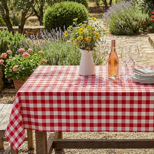 Red and White Gingham Tablecloth, Waterproof Outdoor Picnic Table Cover for Summer BBQ, Farmhouse Kitchen, Patio Dining, Reusable Machine Washable Checkered Table Cloth, W60 x L144 in