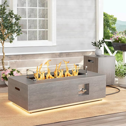 SUNPEAK 42" Modern Fire Pit Table with LED Light 50,000 BTU Deck Fire Pit Table Includes Wind Guard, Lid, Rocks & Cover - Propane Gas Patio Fireplace, Chimenea para Patio (Grey/Golden Light, 42" LED)