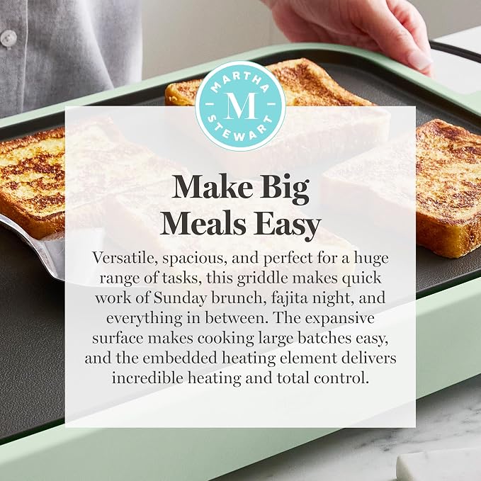 Martha Stewart 12"x 22" XL Electric Griddle, Ceramic Nonstick Flat Top | PFAS-Free Nonstick Grill, XL Cooking Surface for Pancakes & Eggs, Adjustable Temp Dial, Drip Tray, 1500W Heating, Honeydew