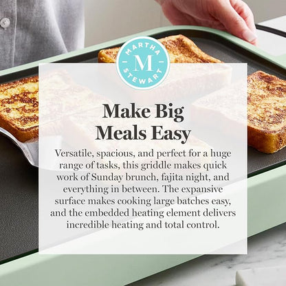 Martha Stewart 12"x 22" XL Electric Griddle, Ceramic Nonstick Flat Top | PFAS-Free Nonstick Grill, XL Cooking Surface for Pancakes & Eggs, Adjustable Temp Dial, Drip Tray, 1500W Heating, Honeydew