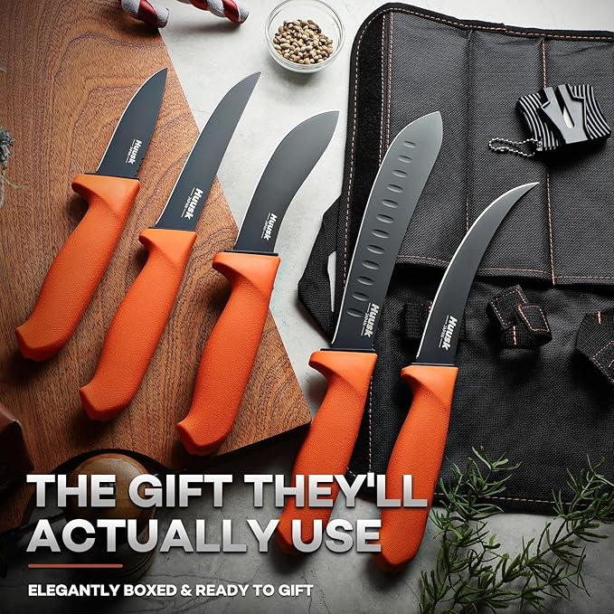 Huusk 5pcs Butcher Knife Set - Professional Meat Processing Kit with Non-Slip Orange Handle, German Stainless Steel Granton Butcher, Skinning, Curved Boning, Caping Knife with Roll Bag Gift for Men