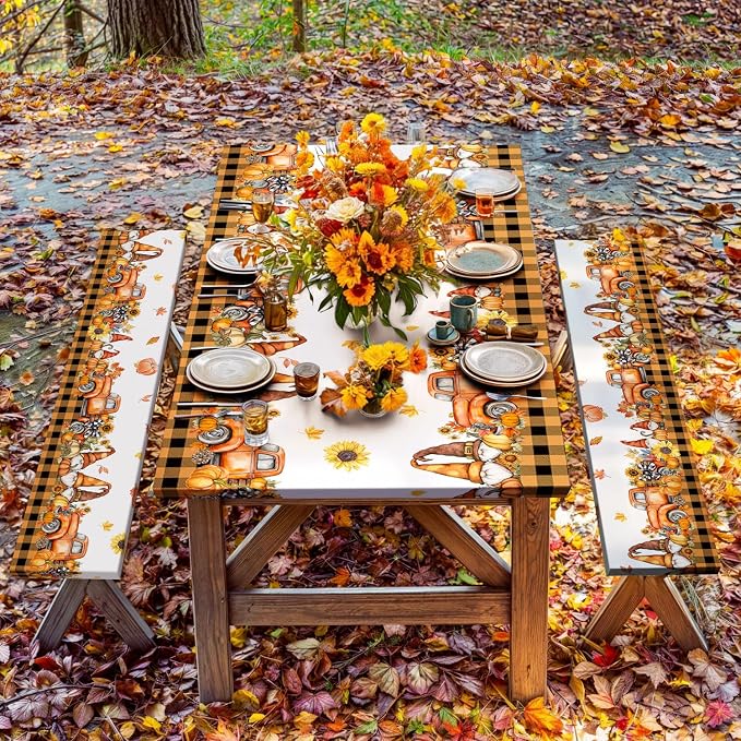 Fall Picnic Table Cover with Bench Covers, Camping Essentials, Thanksgiving Buffalo Plaid Floral Waterproof Windproof, Fitted Tablecloth Cover with Elastic Edge, Indoor & Outdoor, 3 PCS, 30x72 Inch