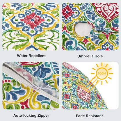 LVTXIII Round Outdoor Tablecloth with Umbrella Hole and Zipper, Water-Repellent 60 Inch Patio Table Cover for Bistro, Garden, Patio & Picnic, Damask Red