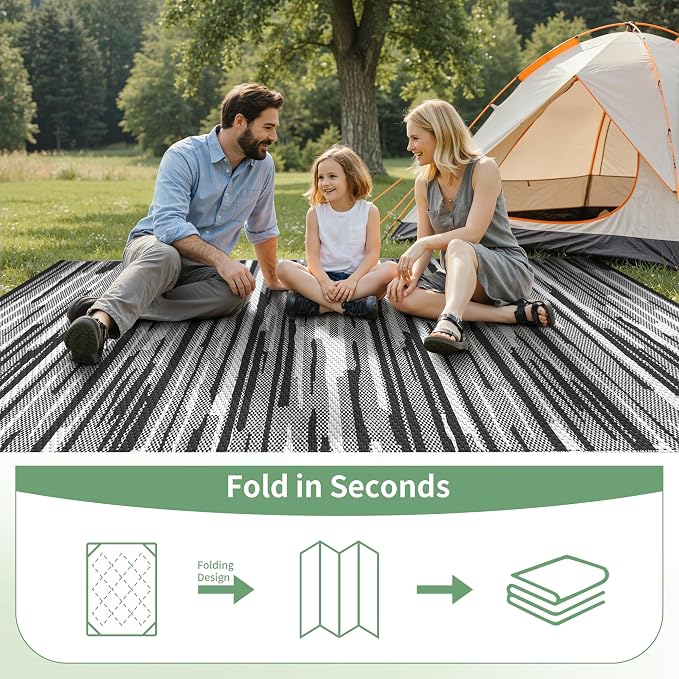 GENIMO Outdoor Rug, Waterproof Plastic Rugs for Patio, 9'x12' Onyx White | Outside Larger Modern Carpet Mat for Porch Decor, Deck, Balcony, Camping, RV, Backyard, Picnic, Beach, Reversible, Foldable