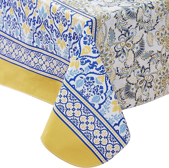 Home Bargains Plus Square Vinyl Tablecloth with Flannel Backing, 52 x 52 Inch, Alluring French Country, Yellow and Blue Floral Vinyl Table Cover, Heavy Weight for Dining Party and Barbecues