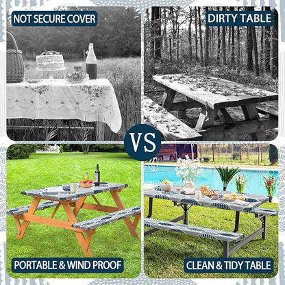 JAWO Blue and Grey Picnic Table Cover with Bench Covers, Modern Camping RV Essentials Gear Supplies Outdoor Waterproof Windproof Tablecloth with Elastic, 72X72inch