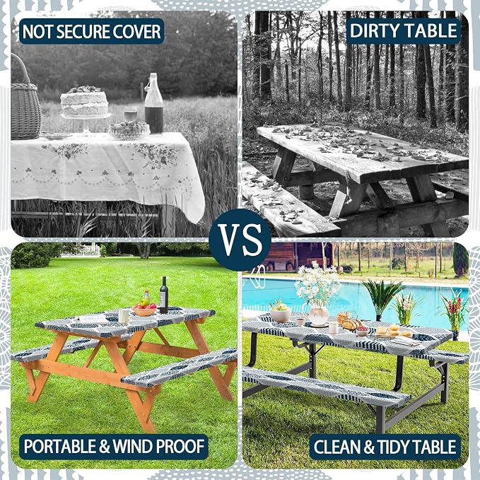 JAWO Blue and Grey Picnic Table Cover with Bench Covers, Modern Camping RV Essentials Gear Supplies Outdoor Waterproof Windproof Tablecloth with Elastic, 60in