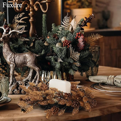 2 Pcs Christmas Candle Rings Wreaths, 10 Inch Candle Wreath with Artificial Brown Pinecone, Christmas Candle Holder Indoor Decor for Home Kitchen Cabinets Centerpieces for Tables