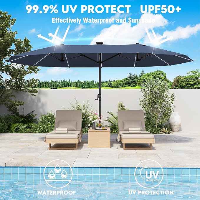 GDPFN 15ft Large Patio Umbrella with Solar Lights, Outdoor Double-Side Rectangular Umbrella, Backyard Pool Umbrella with LED Light for Deck, Outside, Market, Navy (Base Not Include)