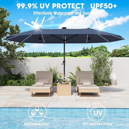 GDPFN 15ft Large Patio Umbrella with Solar Lights, Outdoor Double-Side Rectangular Umbrella, Backyard Pool Umbrella with LED Light for Deck, Outside, Market, Navy (Base Not Include)