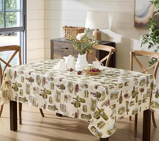 Newbridge 52 x 52 Inch Square Vinyl Tablecloth with Flannel Backing, Lucca Olive Oil Print, Indoor Outdoor Waterproof Table Cover, Picnic, Barbeque, Patio and Kitchen Dining, Tuscan Countryside