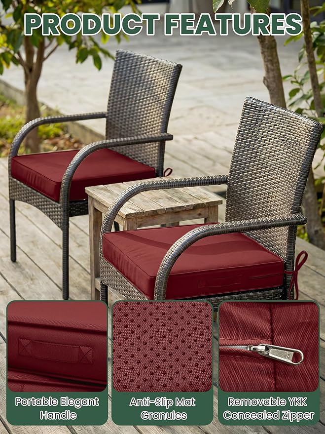 Outdoor Chair Cushion 19 x 19 x 4 Inches Patio Furniture Outdoor Waterproof Seat Cushion, Patio Chair Cushion with Handles and Ties, Square Dining Chair Cushion Set of 4, Burgundy