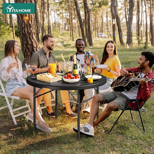 YITAHOME 48 Inch Round Folding Table with Carrying Handle, Portable Folding Round Table w/Heavy Duty Frame and Thick Tabletop for Indoor and Outdoor Dining, Camping, Parties, Picnics, BBQs, Black