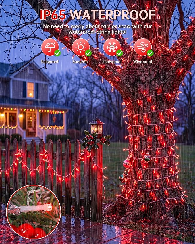 33FT 100 LED Red Christmas Valentine's Day Twinkle String Lights | Remote Control, 13 Modes with Memory, 4 Dimmable Brightness, 4 speed levels, Connectable, IP65 Waterproof, Transparent Wire