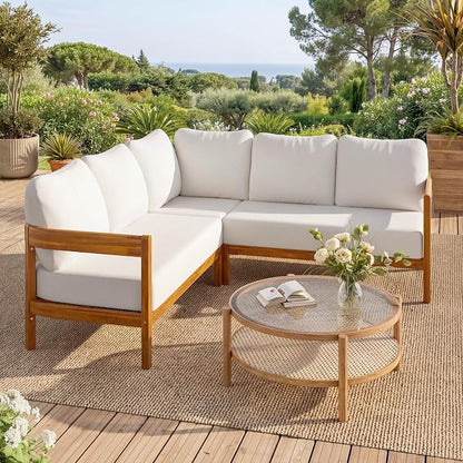 VilroCaz Outdoor Patio Furniture Set, L-Shaped Acacia Wood Sectional Sofa with 6 Soft Seat Cushions and Backpack, All-Weather Conversation Set with Arc Frame for Garden Backyard Porch (White-3.19)