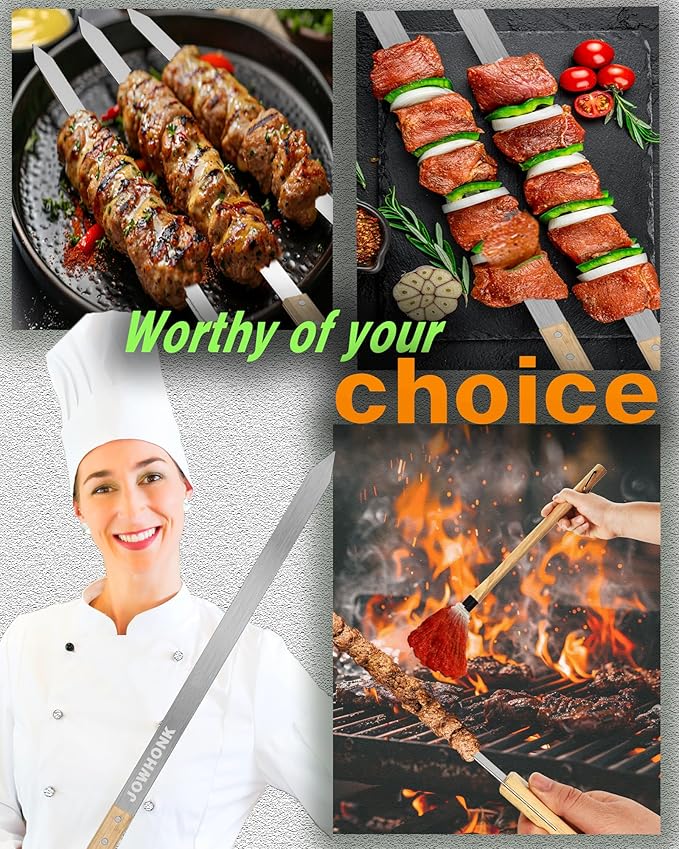 27 Inch Extra Long 1 Inch Wide Kabob Skewers for Grilling, Premium 304 Stainless Steel Barbecue Skewer with Wood Handle,Metal Flat Kebab Skewers include 8PCS BBQ Skewer,1PCS Grill Mop Brush